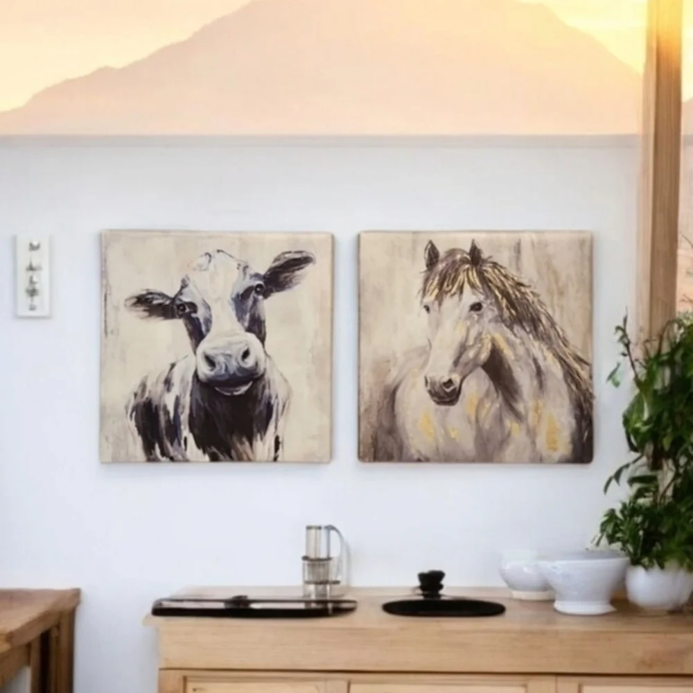 Farm House Home Decor Horse and‎ Cow Animal Wall Art Canvas  8×8